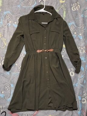 Madeline Olive Green Long Sleeve Shirt Dress with Brown Belt Accent